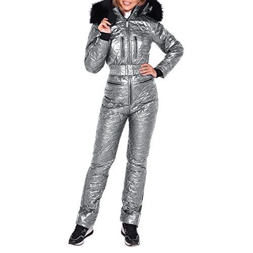 Skianzug Damen,Damen Einteiler Schneeanzug Skioverall Snowboard Wasserdicht Winter Warme Skioverall Skifahren Sätze Outdoor Sport Skisuit Streifen Einteilig Jumpsuit Schneeoverall (Silver, XXL) von Generic