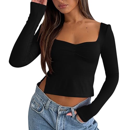 Skims Dupe, Vintage Clothes Skims Dupes Crop Tops Damen Langarm Y2K Sexy Langarmshirt Mode Eng Crop Tops Basic Einfarbig Oberteile Stockholm Style Clothes Damen Pullover (A01,XS) von Generic