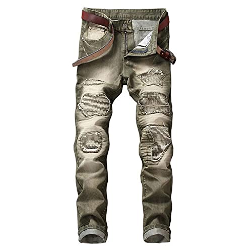 Skinny Holes Zerrissene Biker Jeans für Herren Distressed Slim Fit Jeans mit Geradem Bein Hip Hop Destroyed Stretch Moto Hose (Grün,42) von Generic