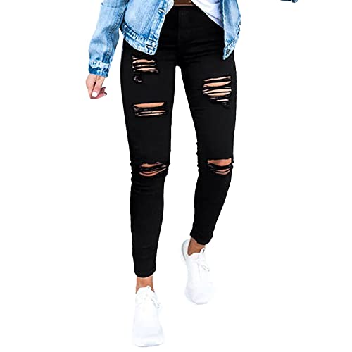 Skinny Jeans Damen mit Löcher, Schwarze Jeggings Damen High Waist Stretch Jeans-Bleistifthose Slim Fit Ripped Jeanshose Schmal Sitzende Damenjeans Shaping Freizeithose Denim Hosen von Generic