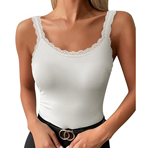 Skiny Unterhemd Damen Unterhemden mit Spitze Weiß Damentop U-Ausschnit Sexy Spitzentop Große Größen Basic Top Ärmelloses Shirt Sommertop Sporttop Trägershirt Trägertop Blusentop Tanktop von Generic