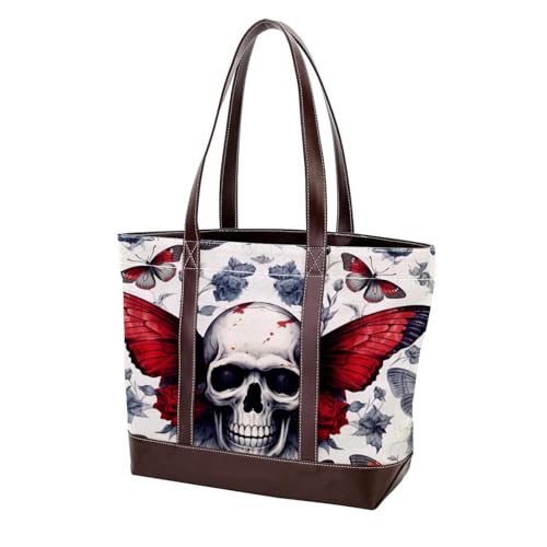 Skull and Butterfly-804 Schulter-Geldbörsen für Damen, groß, weiches gewaschenes Leder und strapazierfähige Handtaschen, Mehrfarbig 07, 33.8x12x31cm/13.3x4.7x12.2 in von Generic