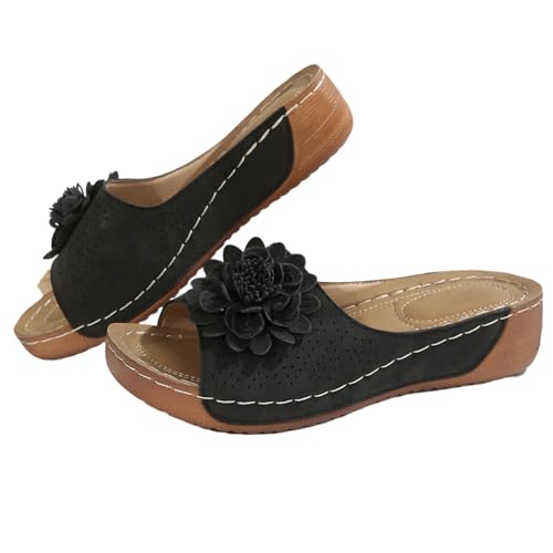 Slides Herren Damen Slippers Schlappen Unisex Elegant Flach Strass Schuhe Sommer Pantoletten Keilabsatz Leder Hausschuhe Casual Wedge Peep Toe Anti-Rutsch-Sandalen von Generic