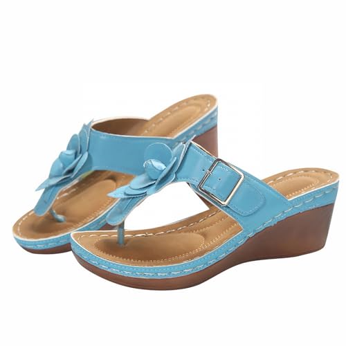 Slides Herren Sommer Flip Flops Keilschuhe Mit Absatz Blumendekoration Und Schnalle Schlappen Weite Barfuss Plateau Wanderschuhe Casual rutschfeste Mode Hausschuhe Plateau Flip Flops von Generic