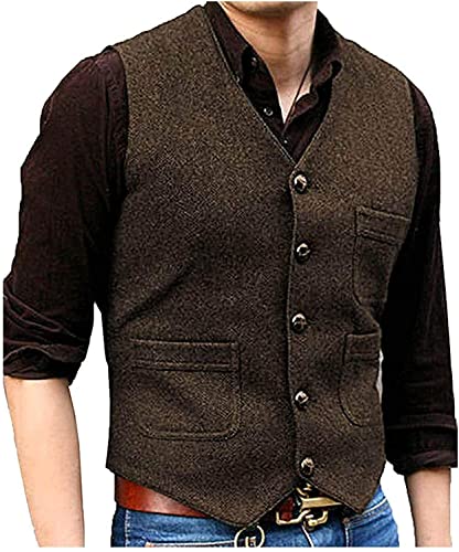 Slim Fit Anzugweste, Herren V Hals Wolle Fischgramm Tweed Casual Weste Business Anzug Weste (Farbe : Coffe, Größe : 3XL) von Generic