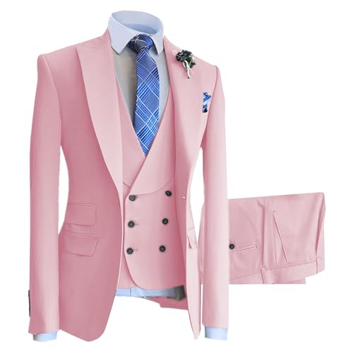 Slim Fit Zweireiher Anzug für Männer Peak Lapel Business 3 Stück Anzug Set Formal Hochzeit Prom Blazer Weste Hose (Rosa,6XL) von Generic