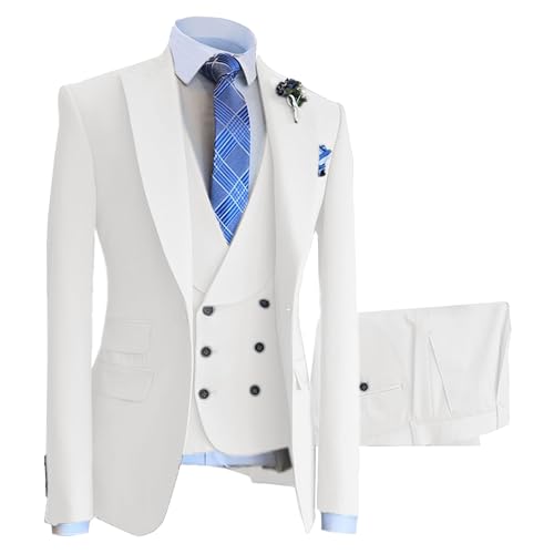 Slim Fit Zweireiher Anzug für Männer Peak Lapel Business 3 Stück Anzug Set Formal Hochzeit Prom Blazer Weste Hose (Weiß,M) von Generic