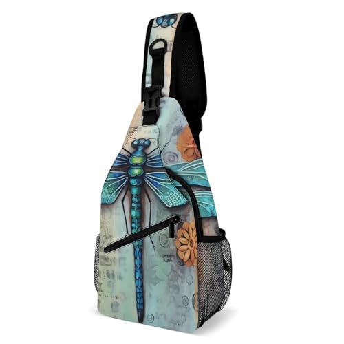 Sling Rucksack Vintage Blaue Libelle Stylisch Brusttasche Polyester Taktisch Brusttasche Für Herren Outdoorsport Radfahren 19X39Cm von Generic