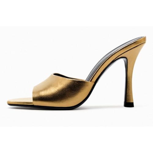 Slip On High Heels Sandalen Runde Spitze Offener Rücken Offene Spitze Party Abendschuhe Frauen Kleid Stiletto Sommer Schuhe Stilvoll,Gold,40.5 EU von Generic