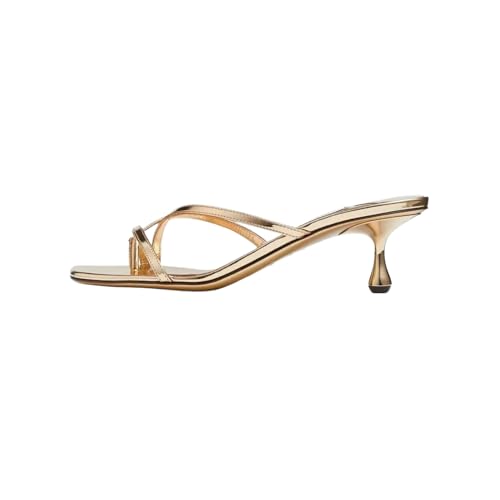 Slip On Offene Zehen Eckige Spitze Mittelhohe Absatz Backless Mules Damen Modische Partyschuhe Bequeme Elegante Sommerschuhe Sandalen,Gold,36 EU von Generic