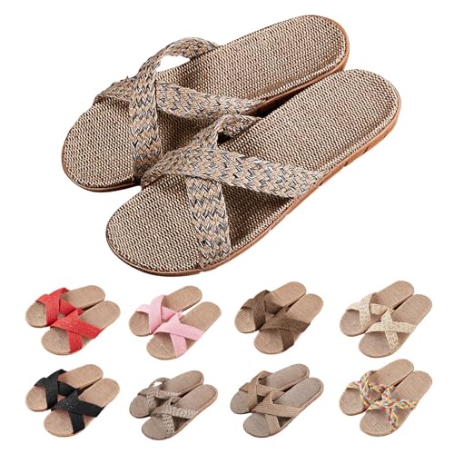 Slipper Damen Sommer Elegant Hausschuhe Linen Geflochtene Schlupfsandalen Lässige Pantoletten Modische Sommerschlappen Strandschuhe Leicht Atmungsaktiv Slippers für Drinnen & Draußen von Generic