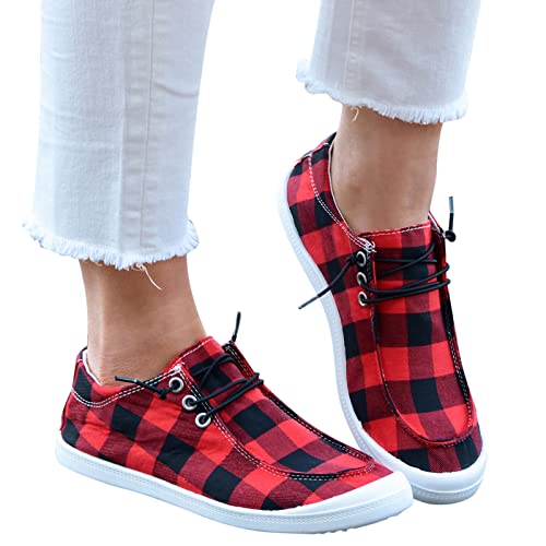 Sneaker Damen, Turnschuhe Damen Rot Kariert Sportlich Flache Schuhe Segeltuchschuhe Joggen Schnürschuhe Fitness Laufschuhe Bequeme Leichte Sportschuhe Frauen Elegant Modische Fitnessschuhe von Generic