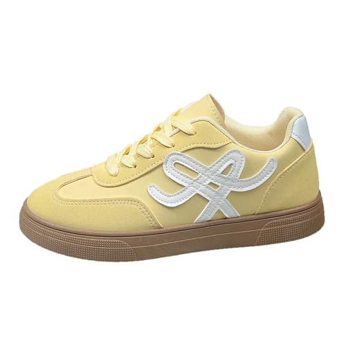 Sneaker Damen Tennis Skateboarden Mit Schnürsenkeln Wildleder Laufschuhe Retro Style Modische rutschfeste Freizeit Skate-Schuhe Flach Leder Modische Gym Fitness Turnschuhe (Yellow, 41) von Generic