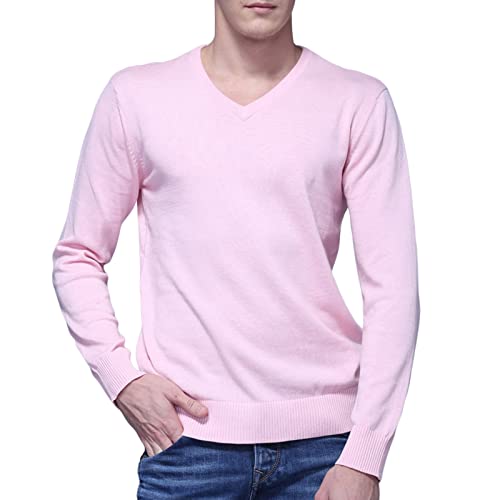 Solide Strickwaren mit V Ausschnitt für Herren Slim Fit Strickpullover aus Reiner Baumwolle Lässiger Langer Klassischer Pullover mit Geripptem Saum (Rosa,XL) von Generic