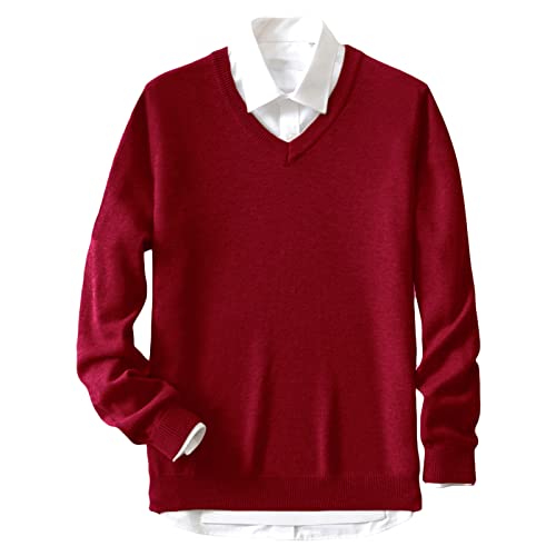 Solider Slim Fit Pullover mit V Ausschnitt für Herren Lässiger Klassischer Strickpullover aus Reiner Baumwolle Einfacher Thermo Strickmantel (Rot,XL) von Generic