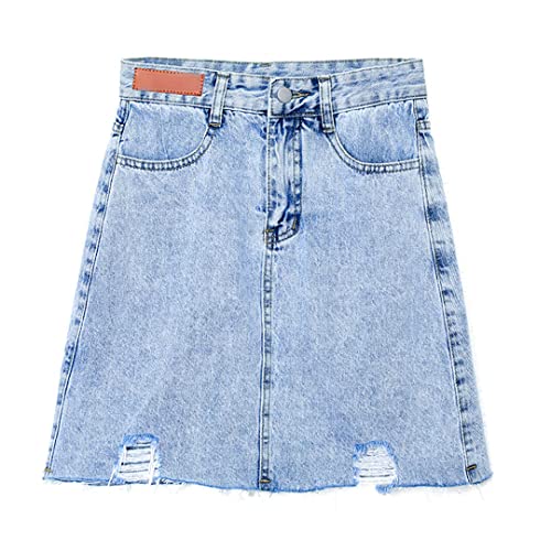 Sommer A-Linie Jeansrock Damen High Waist Jeansrock mit Löchern Knopf All Denim Rock, blau, 40 von Generic