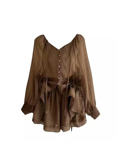 Sommer Baggy Koreanische Bürodame 2000er Ästhetische Shorts-Sets Klassisches O-Ausschnitt Crop Top Laternenärmel + Shorts mit elastischer Taille Gemütlich-Kaffee-XL von Generic