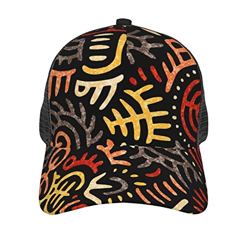 Sommer-Baseballmütze aus Netzstoff für Herren und Damen, schwarze Papa-Trucker-Kappe, Snapback-Hüte – afrikanisches Kritzeleien-Patchwork-Muster von Generic