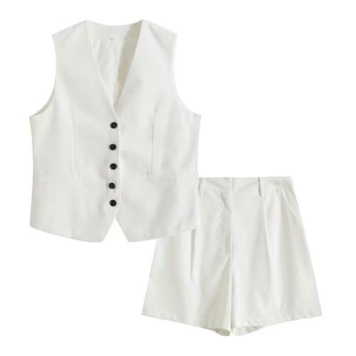 Sommer Casual Weste Set Leinen gemischt lose Weste + Shorts Set Damen-weißer Anzug A0-L von Generic