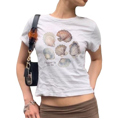 Sommer Cute Graphic Top für Frauen Casual Kurzarm Crop Top Y2K gedruckt Baby Tees Ästhetische Streetwear (012 Muschel Weiß, M) von Generic