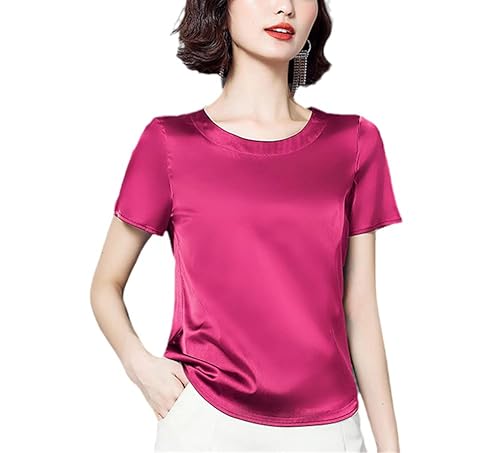 Sommer Damen Basic Solid T-Shirts O-Ausschnitt Kurzarm T-Shirts Tops Satin Seide Elegant Dünne Shirts für Damen, rosarot, XXL Sommer Damen Basic Solid T-Shirts O-Ausschnitt Kurzarm T-Shirts Tops Satin Seide Elegant Dünne Shirts für Damen, rosarot, XXL von Generic