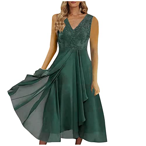 Sommer Damen Kleider Knielang Sommerkleid Einfarbig Cocktailkleid Hohe Taille Swing Brautkleid Elegant A-Line Kleider Chiffon Kleid Abendkleider GroßE GrößEn Green-10,L von Generic
