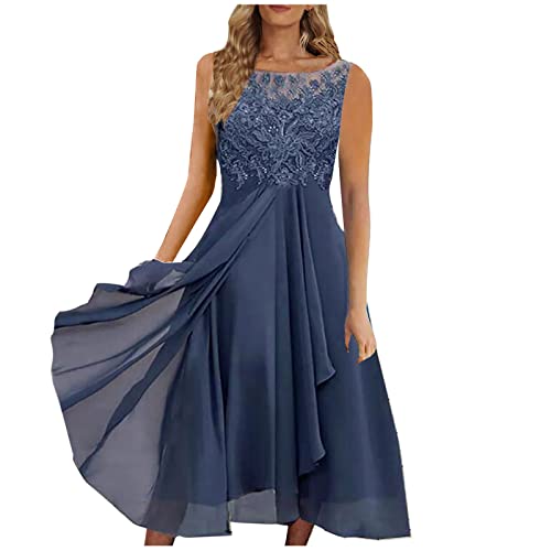 Sommer Damen Kleider Knielang Sommerkleid Einfarbig Cocktailkleid Hohe Taille Swing Brautkleid Elegant A-Line Kleider Chiffon Kleid Frauen Kleid Blau,XL von Generic
