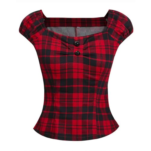 Sommer Damen Vintage 50er Pinup Bauernhemden Gingham Red Tops Retro Rockabilly Blusen-1-XXL von Generic
