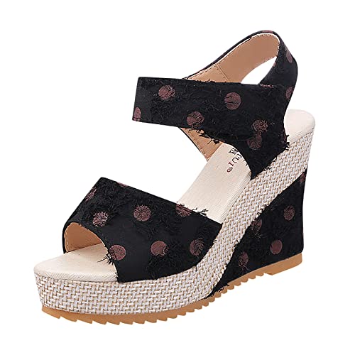 Sommer Damenschuhe 42 Mode Frühjahr und Sommer Damen Sandalen Dicke Sohle Keilabsatz High Heel Fischmund Open Toe Atmungsaktiv Bequem Polka Dot Hook Loop Lässiger Stil Winter Damen Schuhe Gefüttert von Generic