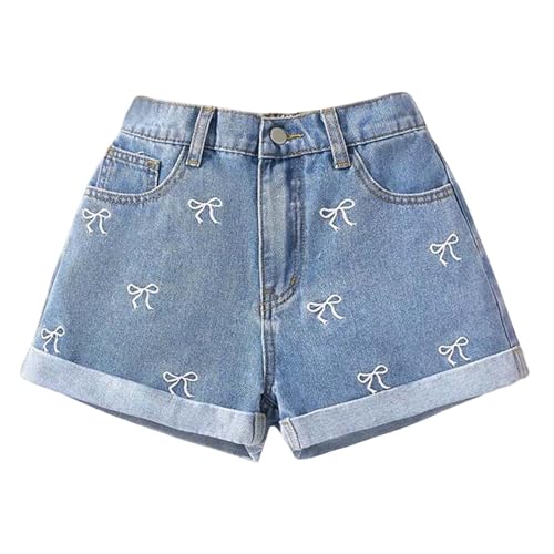 Sommer Denim-Shorts für Teenager-Mädchen,Mode Schleife Jeansshorts,Kinder High Waist Jeans Shorts,Sommershorts Atmungsaktiv Freizeit Kurze Kurz Jeanshose,Casual Dünne Hotpants 7-12 Jahre von Generic