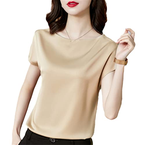 Sommer Frauen Mode Seide T-Shirts Frauen Vintage Satin Kurzarm Tops Damen Lose Büro Shirts, aprikose, X-Large von Generic