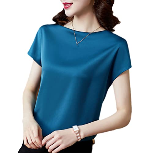 Sommer Frauen Mode Seide T-Shirts Frauen Vintage Satin Kurzarm Tops Damen Lose Büro Shirts, blau, Large von Generic