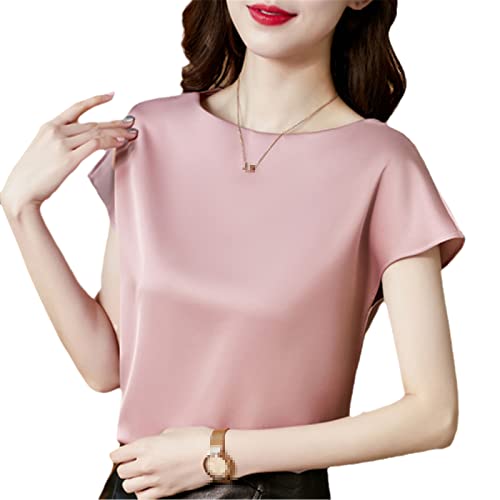 Sommer Frauen Mode Seide T-Shirts Frauen Vintage Satin Kurzarm Tops Lady Loose Office Shirts, rose, XXL von Generic