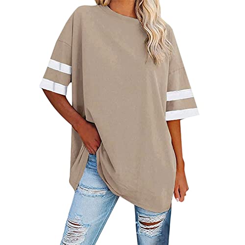 Sommer Halbarm Shirts für Damen Basic T-Shirt mit gestreiften Ärmeln übergroße T-Shirts lose Shirts Rundhalsausschnitt Farbblock Tunika Oberteile Oversized T-Shirt Sommer Kurzarm T-Shirt von Generic