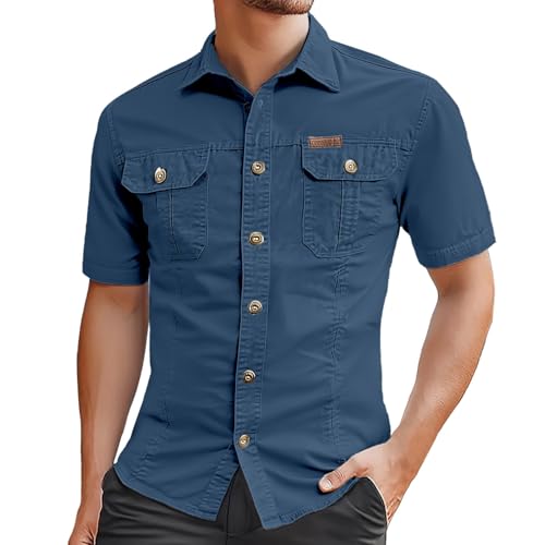 Sommer Hemd Herren Kurzarm - Vintage Kurzarmhemd Herren Baumwolle Button Down Hemden mit Doppelte Brusttaschen Leichtes Sommerhemd Casual Herrenhemd Mode Freizeithemd für Männer Einfarbig (Navy #1, L) von Generic