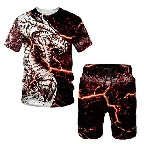 Sommer Herren 3D Drache gedruckt T-Shirt + Shorts Anzug Kurzarm Gothic Trainingsanzug 2 Stück Set, Schwarz , L von Generic