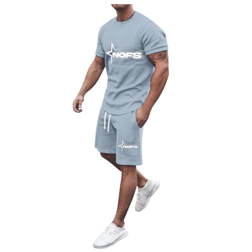Sommer Herren Sportanzug 2 Teiliges Outfit, NOFS Trainingsanzug für Herren Sport Set Kurzarm T-Shirts + Kurze Hose Freizeitanzug Männer Bedruckt Casual Mode Sporthose Jogginganzug Hellblau M von Generic
