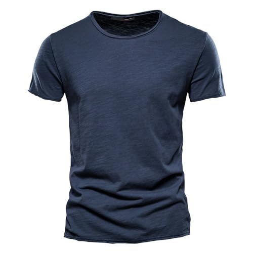 Sommer-Herren-T-Shirt aus einfarbiger Bambus-Baumwolle mit V-Ausschnitt und kurzen Ärmeln, Reine Baumwolle, europäische und amerikanische Herrenbekleidung-F038-Marineblau-XL von Generic