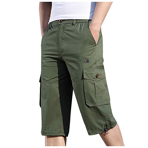 Sommer Herrenshorts Herren Check 3/4 Cargo Shorts Kurze Denim Stretch Hose Regular Slim Leichte Stretch-Shorts mit Gummizug Vintage Cargohose Chicago Short Jeans Sport Kurze Hosen (Army Green, XXXXL) von Generic