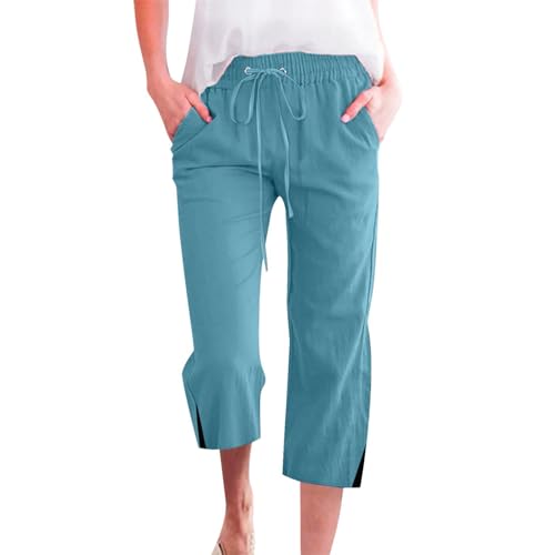 Sommer Hosen Damen Leicht 3/4 - Leinehose mit Kordelzug Elastische Taille Caprihose Baumwolle Leinen Sommerhose Atmungsaktiv Stoffhose Bequem Arbeit Freizeithose Baggy Jogginghose von Generic