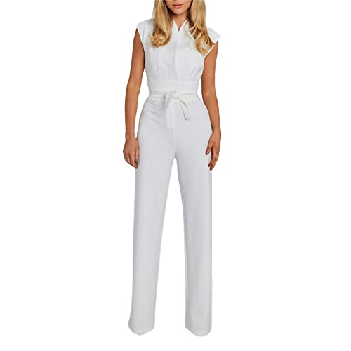 Sommer Jumpsuit Damen Vielseitiger, einfarbiger, modischer und sexy Damen-Sleeveless Slim Wide Leg Jumpsuit Jumpsuit Damen Schlafanzug Overall Damen Elegant Kleidung Festlich Damen (White, M) von Generic