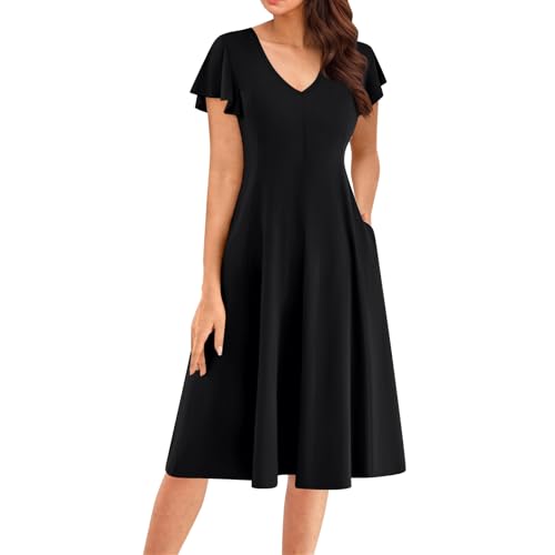 Sommer Kleid Damen, Kleider Damen Elegant V Ausschnitt Freizeitkleid Rüschen Ärmel Lockeres Midikleider A-Linie Lang Freizeitkleid Casual Urlaubkleid mit Taschen B Black L von Generic