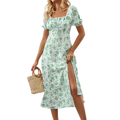 Sommer Kleid Damen, Strandkleid A Linie Schlitz Boho Kleid V-Ausschnitt Puff Ärmel Gesmokt Wickelkleid Casual Freizeitkleid Böhmisch Maxikleid mit Flowy Long Hem für Sommer Urlaub XL B Green von Generic