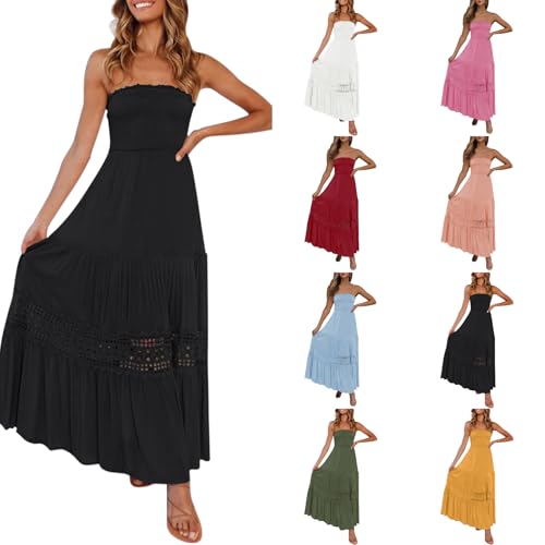 Sommer Kleider Damen Sommer Bandeau Kleid Lang Schulterfreies Sexy TräGerlos Off Shoulder RüCkenfrei Spitzenbesatz Maxikleid Swing A-Line Lang Strandkleid Boho Kleid Partykleid von Generic