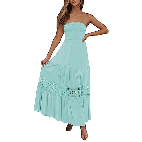 Sommer Kleider Damen Sommer Bandeau Kleid Lang Schulterfreies Sexy TräGerlos Off Shoulder RüCkenfrei Spitzenbesatz Maxikleid Swing A-Line Lang Strandkleid Boho Kleid Partykleid von Generic