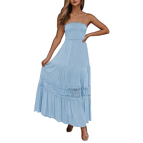 Sommer Kleider Damen Sommer Bandeau Kleid Lang Schulterfreies Sexy TräGerlos Off Shoulder RüCkenfrei Spitzenbesatz Maxikleid Swing A-Line Lang Strandkleid Boho Kleid Partykleid von Generic