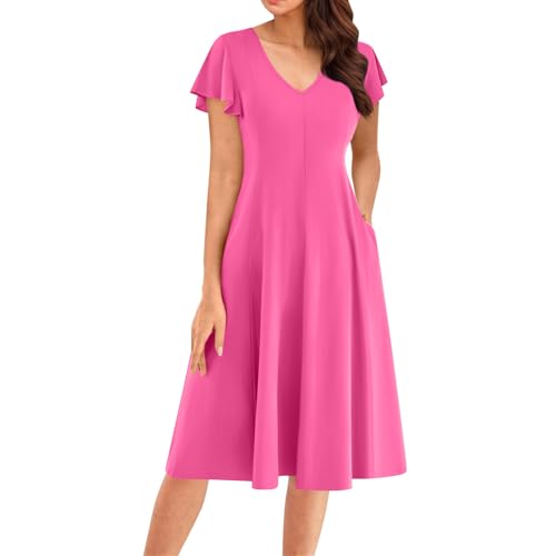 Sommer Kleider für Damen, Damen Sommerkleid Kurzarm A-Linien Kleider V-Ausschnitt Fließend Wickelkleid mit Taschen Knielang Einfarbig Einfaches Hohe Taille Abschlusskleid B Hot Pink L von Generic