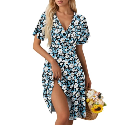 Sommer Kleidung für Damen Damen Kleid Kurzarm V-Ausschnitt Sommerkleid Knielang Elegante Strandkleid Boho Blumenkleid Rüschen Saum Wickelkleid Strandkleid A Linie Partykleid D Sky Blue XXL von Generic