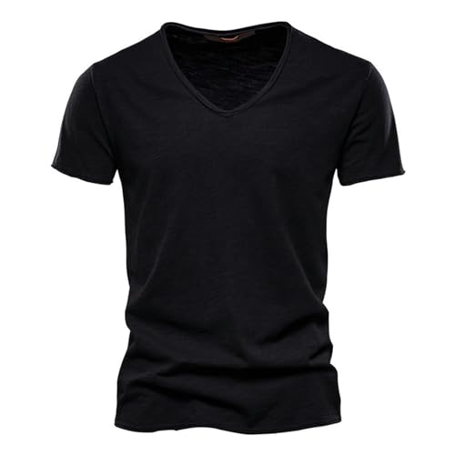 Sommer-Kurzarm-T-Shirt aus Bambusbaumwolle mit V-Ausschnitt für Herren-F037-Schwarz-XXL von Generic