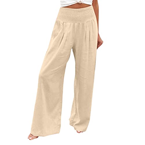 Sommer Leinenhose Damen Leichte Weite Hose Boho Sommerhose Hohe Taille Bequem Stoffhose Casual Einfarbig Freizeithose Baumwolle Leinen Palazzo Hosen mit Taschen Sporthose Frauen S-6XL von Generic